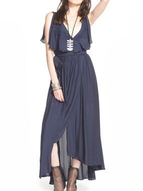 FREE PEOPLE Fiona Maxi Wrap Dress in Blue - SMALL